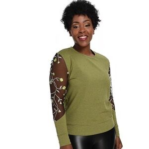 Women’s Mod X Olive Round‎ Neck Floral Embroidered Long Sleeve Top